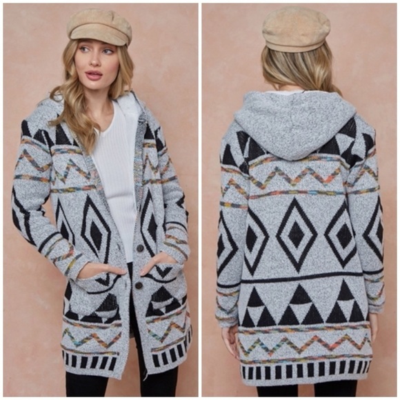 Sweaters - Gray Multi Sweater Hooded Long Knit Cardigan Sweater w/ Sherpa Lining